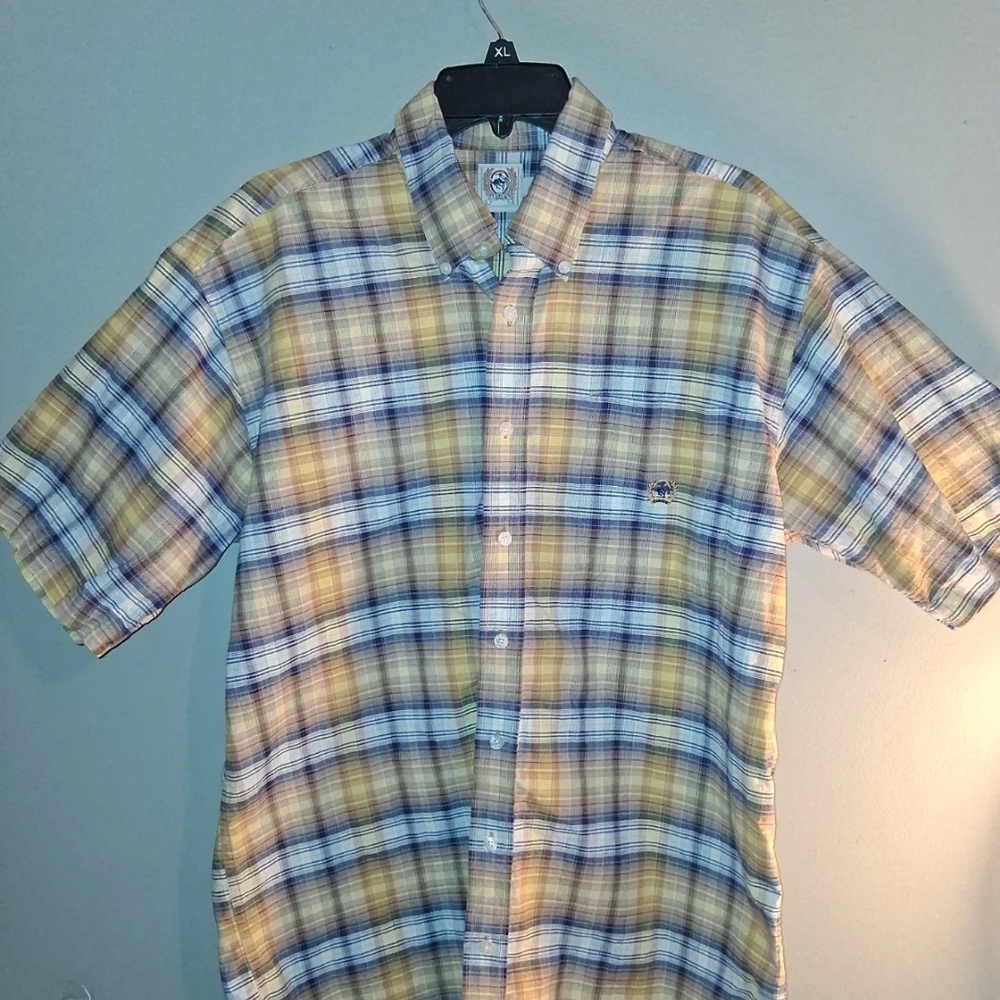 Men's Plaid Cinch Short Sleeve Shirt - Yellow and Blue Size Medium